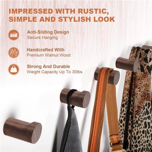 Wood Wall Hooks 6 Pack, Natural Wooden Coat Hooks Wall Mounted, Handmade Rustic - Picture 11 of 14